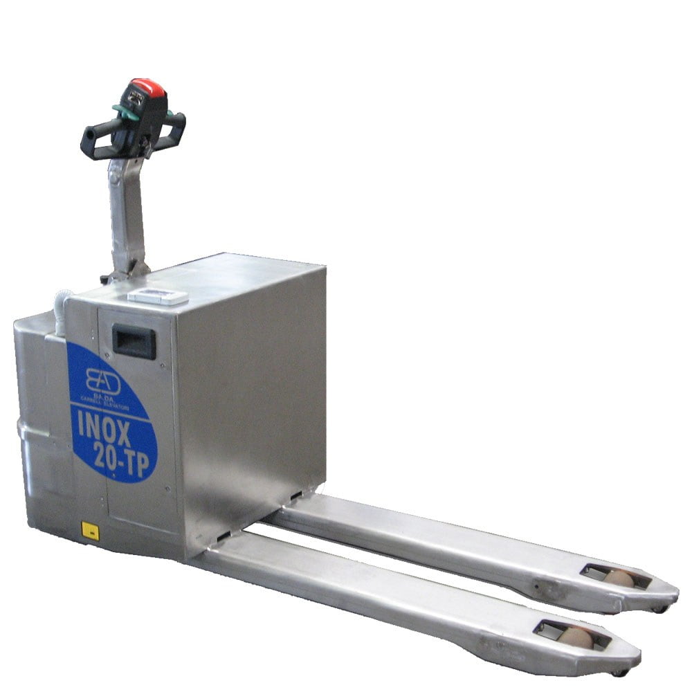 transpallet elettrico con pedana in acciaio inox