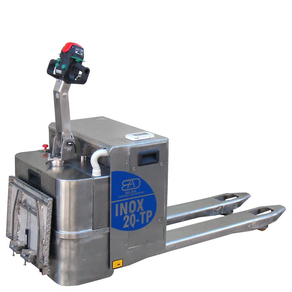 transpallet elettrico con pedana in acciaio inox