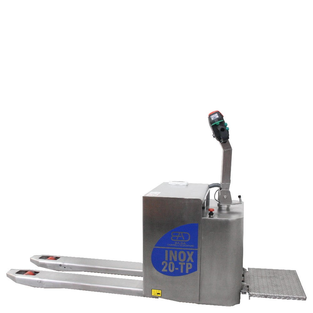 transpallet elettrico con pedana in acciaio inox