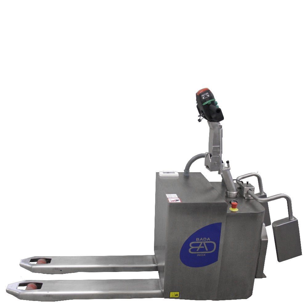 transpallet elettrico con pedana in acciaio inox