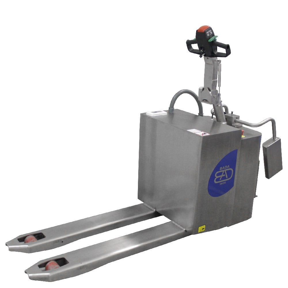 transpallet elettrico con pedana in acciaio inox