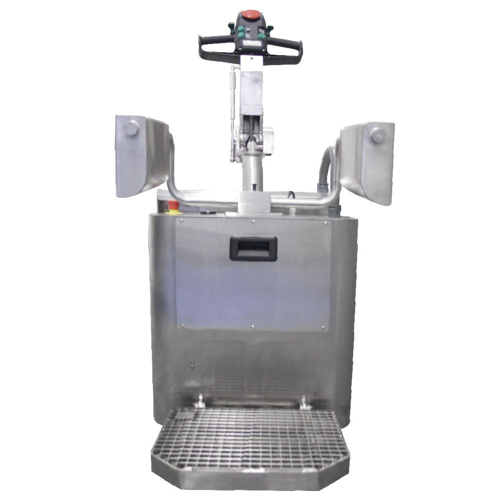 transpallet elettrico con pedana in acciaio inox